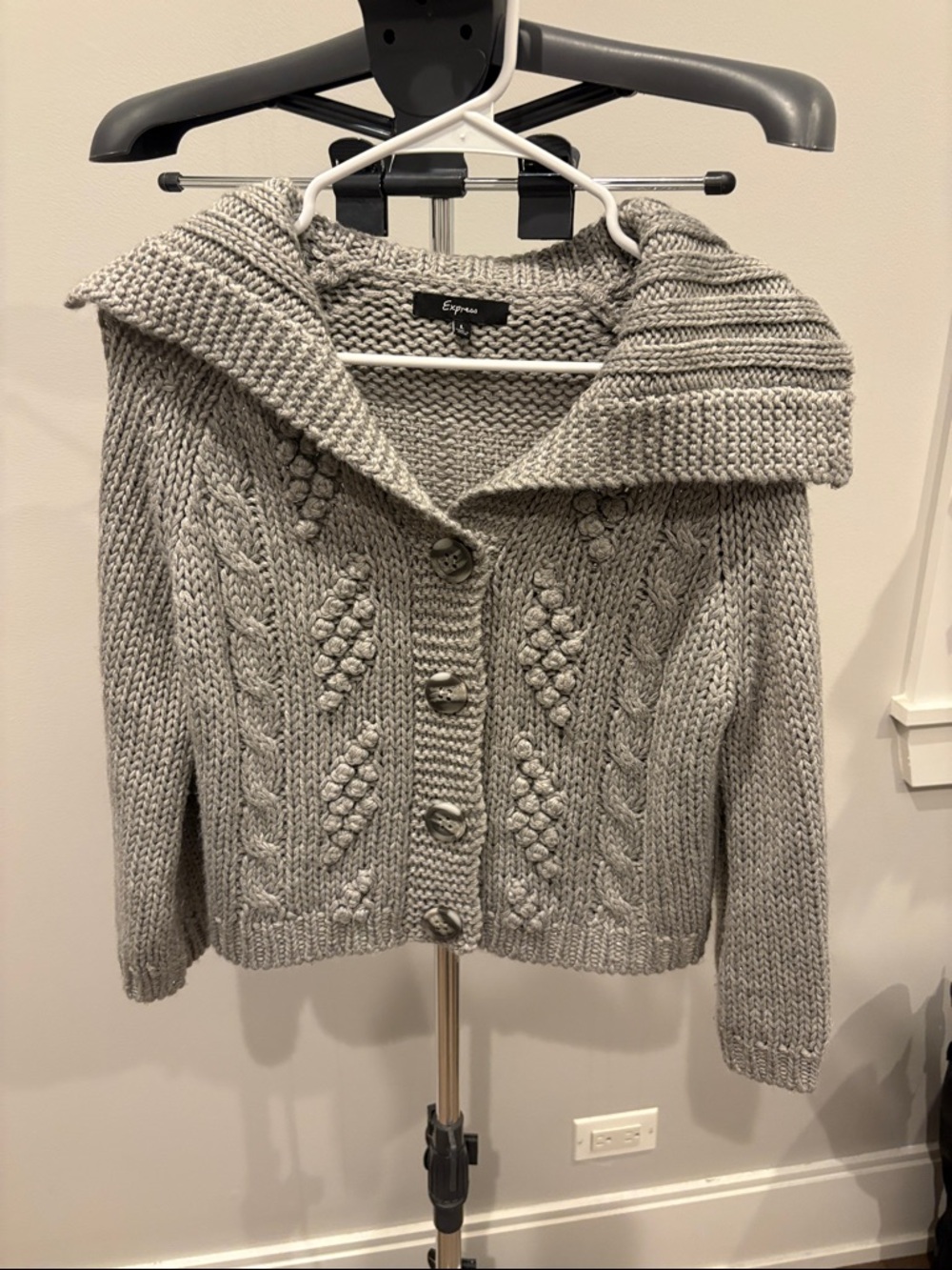 Express Gray Chunky Knit Button-Up Cardigan with Shawl Collar